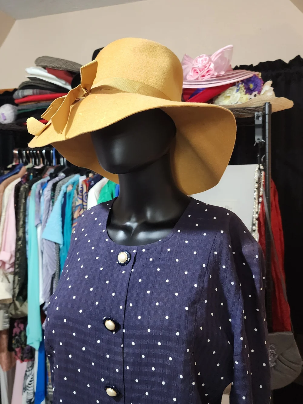 Vintage Wool Wide-Brim Hat with Ribbon Bow - Yellow - Picture 9 of 13